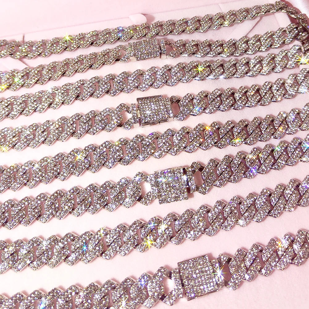 Silver Color 14mm Prong Miami Cuban Link Chain For Women Iced Out 2 Row Rhinestones Square Cuban Link Choker
