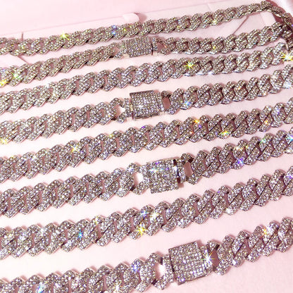 Silver Color 14mm Prong Miami Cuban Link Chain For Women Iced Out 2 Row Rhinestones Square Cuban Link Choker