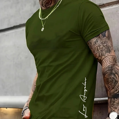 Men's 100 cotton summer loose Contrast Color  los Angelest print slim fit casual round neck short sleeved T-shirt