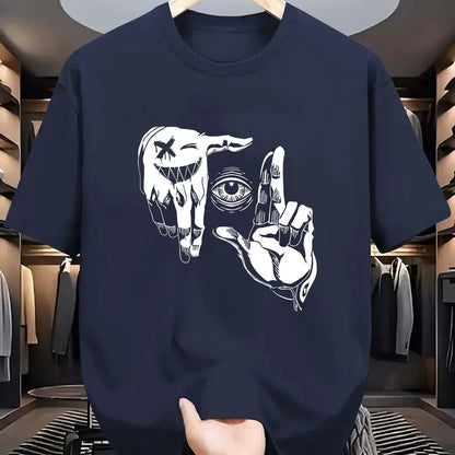 r men's 100% pure cotton casual loose plus size gesture eye personalized pattern printed round neck short sleeved T-shirt