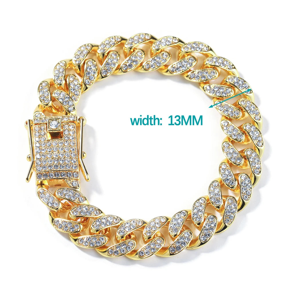 New Miami Iced Out Cuban Link Chain Bracelet For Men&Women Full Rhinestones Charms Hip Hop Jewelry 13mm Crystal Chain Party Gift