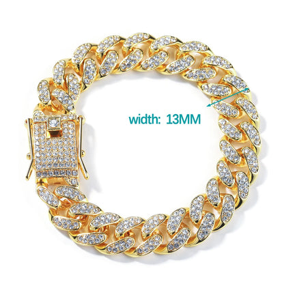 New Miami Iced Out Cuban Link Chain Bracelet For Men&Women Full Rhinestones Charms Hip Hop Jewelry 13mm Crystal Chain Party Gift