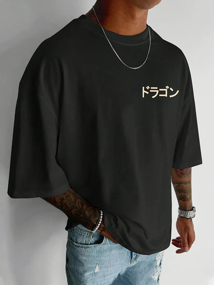 Men's Cotton Fashionable Casual Loose Japanese Anime Dragon Pattern Printed Round Neck Short Sleeve T-shirt Top