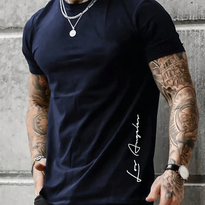 Men's 100 cotton summer loose Contrast Color  los Angelest print slim fit casual round neck short sleeved T-shirt