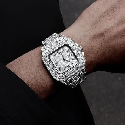 Classic Luxury Business Men's Steel Strap Square Roman Scale Rhinestone Quartz Watch