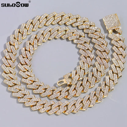 Men Women 14MM Prong Cuban Link Chain Necklace Bling Iced Out 2 Row Rhinestone Cuban Necklace Jewelry