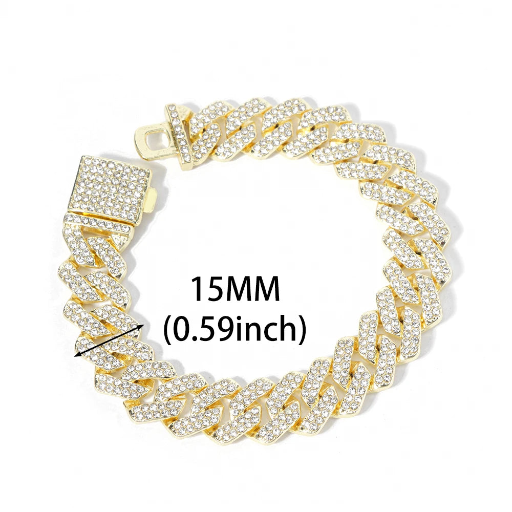 New Miami Iced Out Cuban Link Chain Bracelet For Men&Women Full Rhinestones Charms Hip Hop Jewelry 13mm Crystal Chain Party Gift