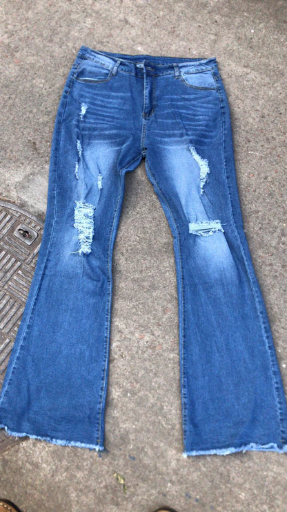 Denim Womens Pants High-stretch Ripped Jeans High-waisted Flared for Women