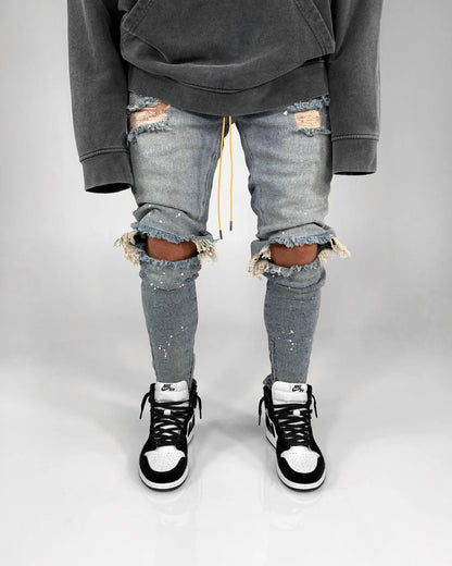 Men Long Jeans Pants Denim Simple Slim Fit Zipper Lace Up Tight Waist