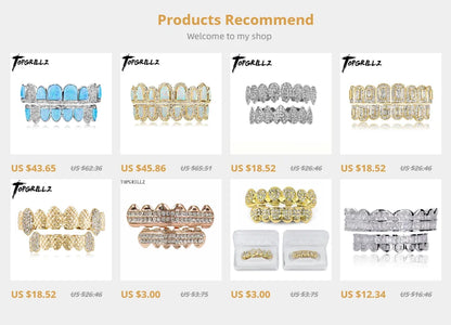TOPGRILLZ New Fit Silver Plated CZ Micro Pave Top & Bottom GRILL SET Rhodium Teeth Grills Vampire Tooth Grillz