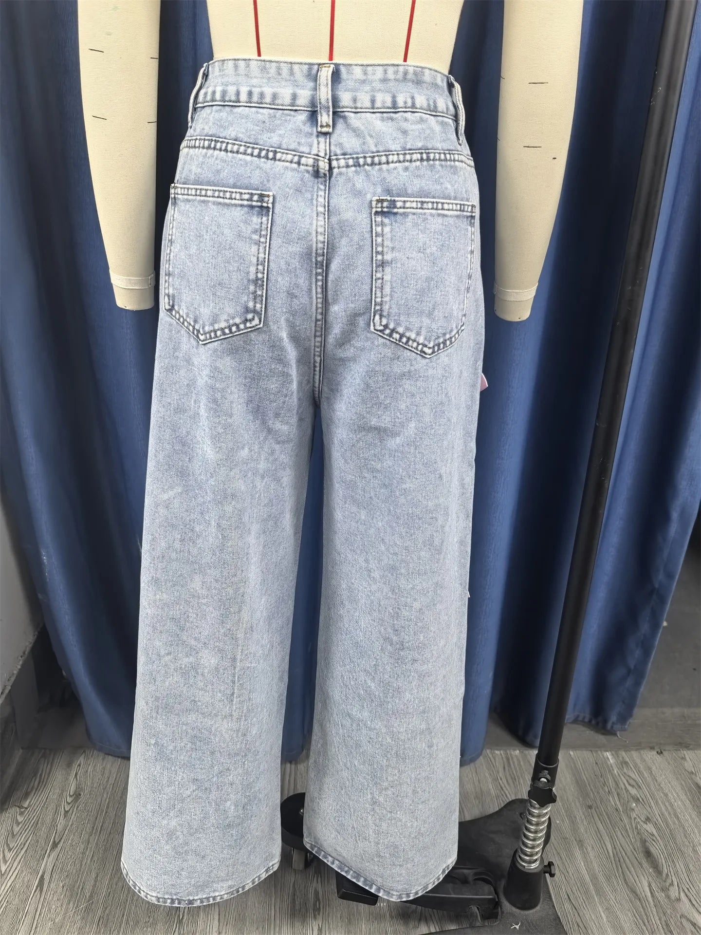 Women Jeans Wide Leg Pants Bow Washed High Waist Streetwear Denims Vintage Straight Ankle Length