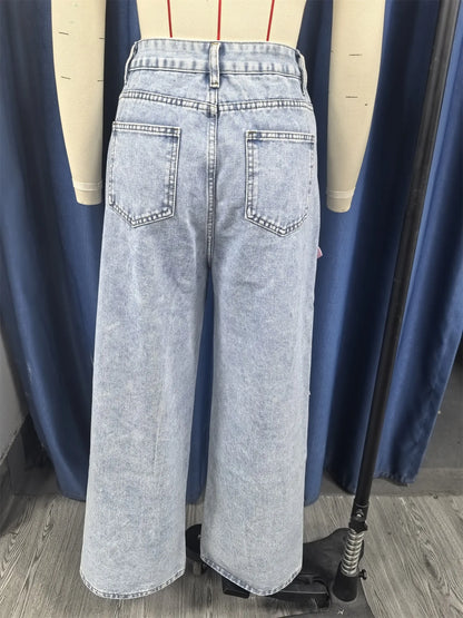 Women Jeans Wide Leg Pants Bow Washed High Waist Streetwear Denims Vintage Straight Ankle Length
