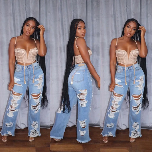 Jeans Women Long Pants Elegant Splice Denim Pant Slim Fit High Waist Button Pocket Straight T