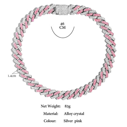 Hip Hop Bling Pink Crystal Cursive Initial Letter Cuban Necklace for Women Iced Out Paved Cuban Chain Necklace Choker Jewelry
