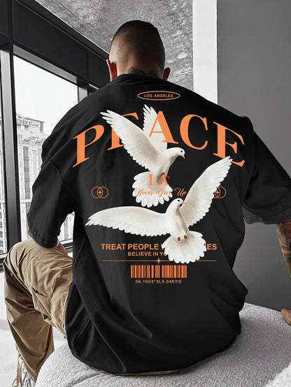Men's  100% pure cotton fashionable casual loose and flat pattern printed sports round neck short sleeved T-shirt top