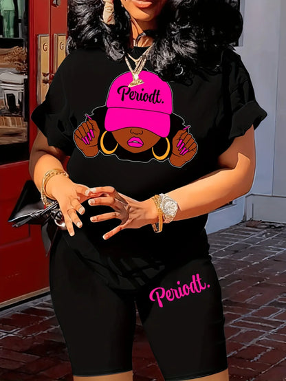 Women's casual loose fit large casual Graphic print round neck short sleeved T-shirt+shorts two-piece set