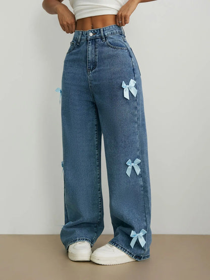 Women Jeans Wide Leg Pants Bow Washed High Waist Streetwear Denims Vintage Straight Ankle Length