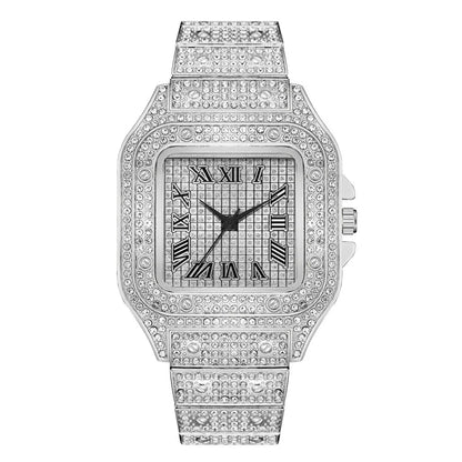 Classic Luxury Business Men's Steel Strap Square Roman Scale Rhinestone Quartz Watch