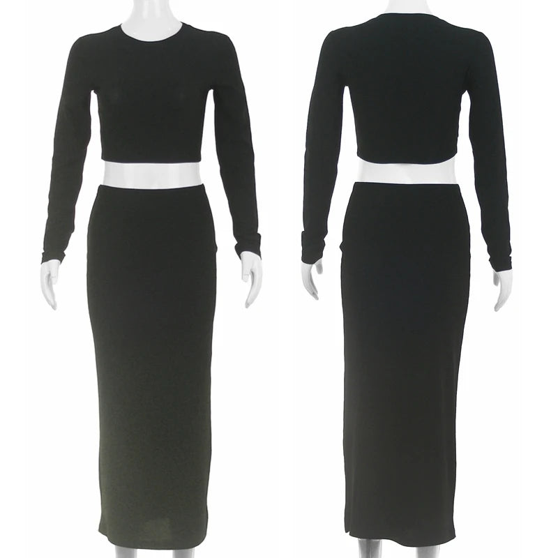 Womens Dress Sets Long Sleeve Crop Tops And Mid Calf Skirt Suit Fashion 2PCS Set Slim
