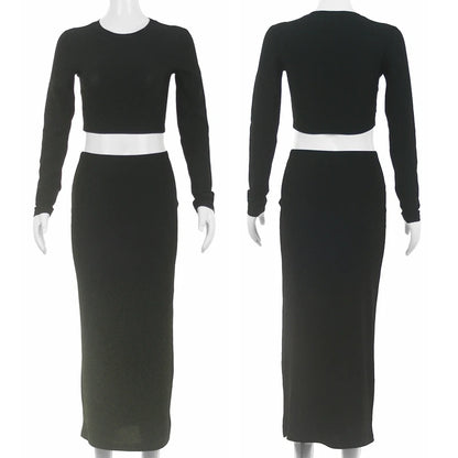 Womens Dress Sets Long Sleeve Crop Tops And Mid Calf Skirt Suit Fashion 2PCS Set Slim