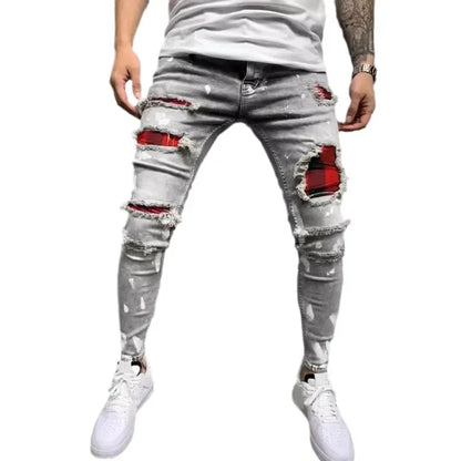 Jeans Pencil Pants Holes Distressed Men Streetwear Denims Mid Waist Slim Fit Washed Denim Ankle Length