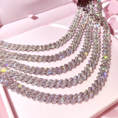 Silver Color 14mm Prong Miami Cuban Link Chain For Women Iced Out 2 Row Rhinestones Square Cuban Link Choker