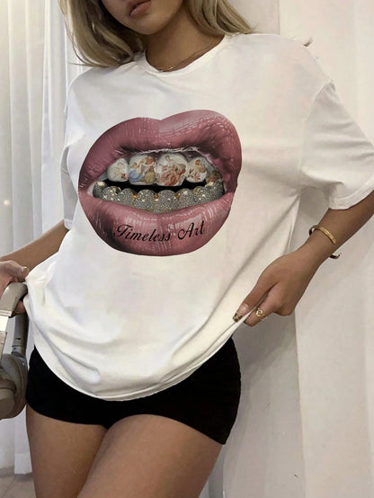 Oversized Butterfly Pattern T-shirt, Women's Black Round Neck Short Sleeve Casual Loose Comfort T-Shirt