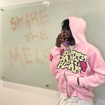 Harajuku Jacket Letter Print Coat Men Women Jackets Pink Zip Hooded Sweatshirt Fashion Long-sleeved Zipper Tops Casual Hoodies