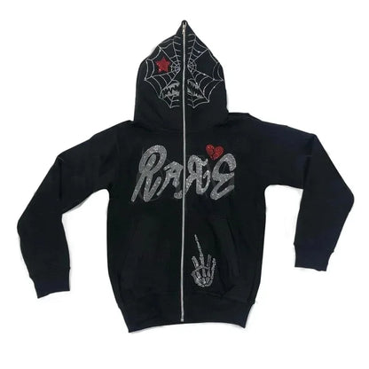 Autumn Fashion Punk Y2k Gothic Grunge Rhinestones Spider Web Zip Up Hoodies Long Sleeve Coat Sweatshirt Jacket Streetwear Winter