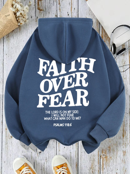 Casual Women's Hoodies Faith Over Fear Letter Printing Sweatshirts Fleece Warm Comfortable Pocket Streetwear