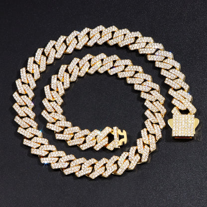 Men Women 14MM Prong Cuban Link Chain Necklace Bling Iced Out 2 Row Rhinestone Cuban Necklace Jewelry