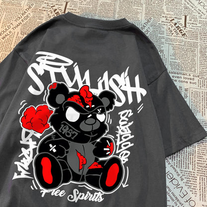 Exploding Black Puppet Bear MenT-Shirts High Quality Cotton Tops Loose T Shirts