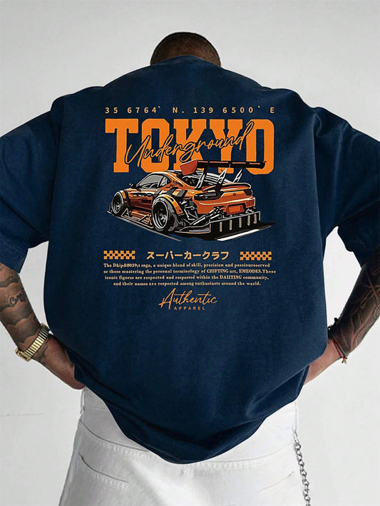 Men's 100% Cotton Fashionable Casual Loose Large Size Japanese Tokyo Pattern Printed Round Neck Short Sleeve T-shirt Top