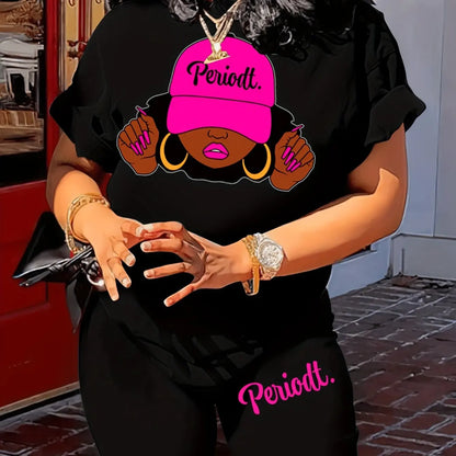 Women's casual loose fit large casual Graphic print round neck short sleeved T-shirt+shorts two-piece set