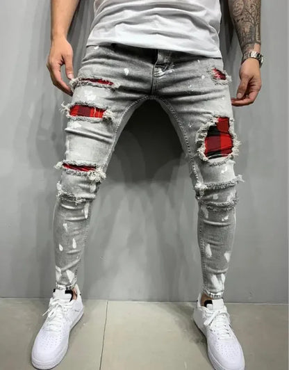 Jeans Pencil Pants Holes Distressed Men Streetwear Denims Mid Waist Slim Fit Washed Denim Ankle Length