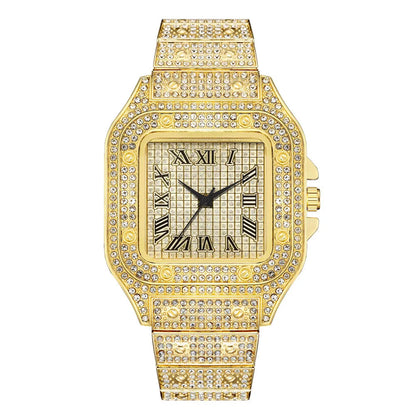 Classic Luxury Business Men's Steel Strap Square Roman Scale Rhinestone Quartz Watch