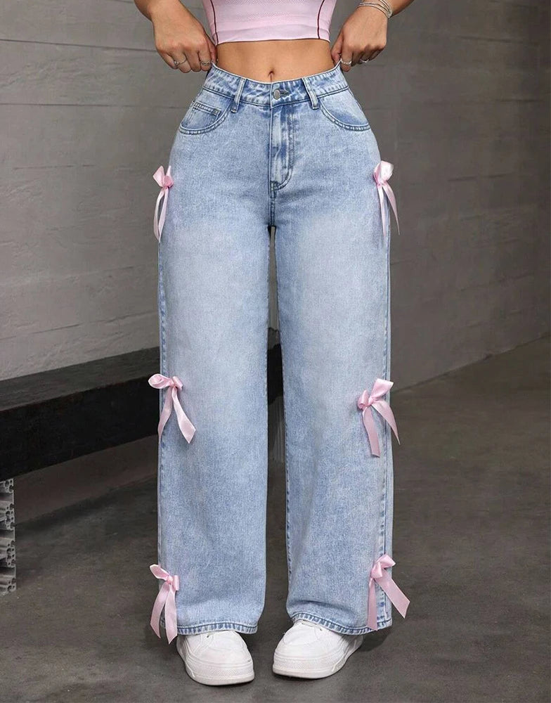 Women Jeans Wide Leg Pants Bow Washed High Waist Streetwear Denims Vintage Straight Ankle Length