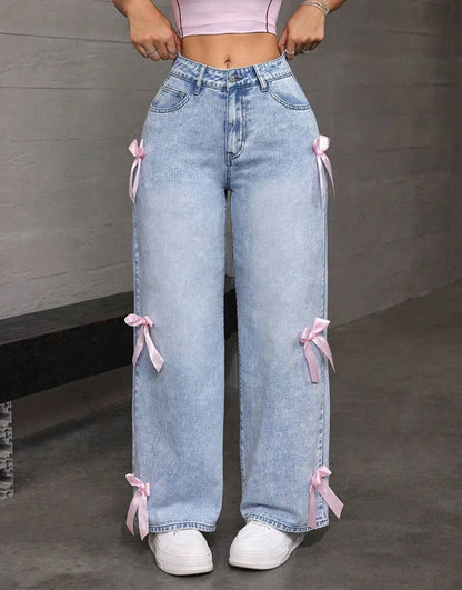 Women Jeans Wide Leg Pants Bow Washed High Waist Streetwear Denims Vintage Straight Ankle Length