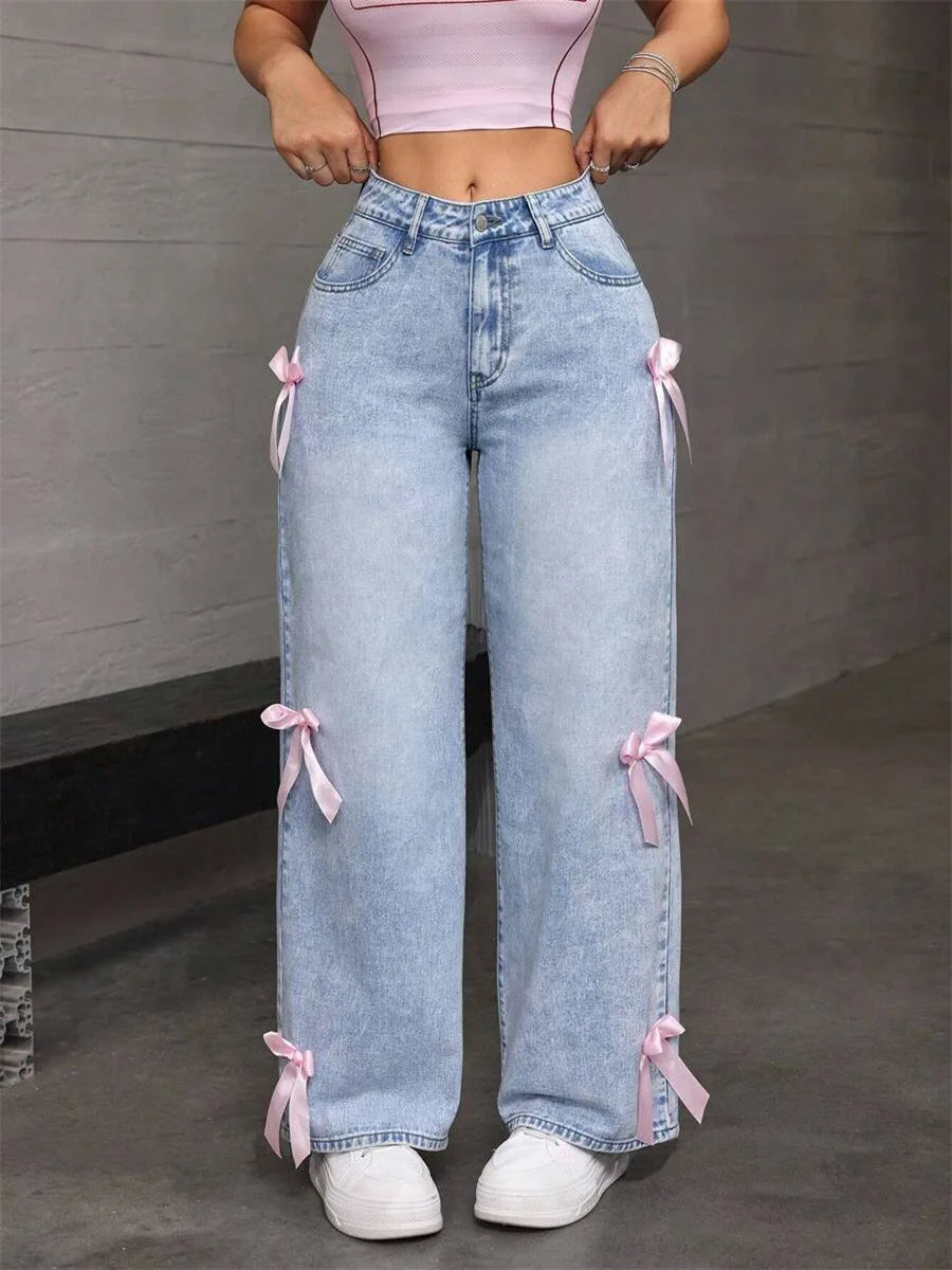 Women Jeans Wide Leg Pants Bow Washed High Waist Streetwear Denims Vintage Straight Ankle Length