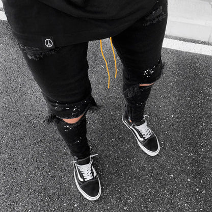 Men Long Jeans Pants Denim Simple Slim Fit Zipper Lace Up Tight Waist