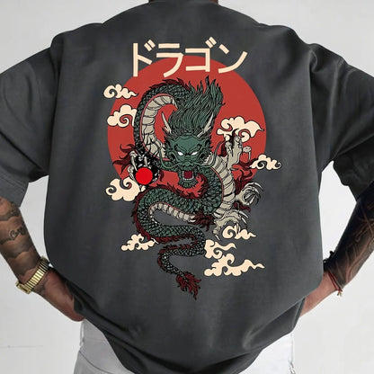 Men's Cotton Fashionable Casual Loose Japanese Anime Dragon Pattern Printed Round Neck Short Sleeve T-shirt Top