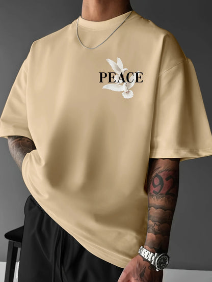 Men's  100% pure cotton fashionable casual loose and flat pattern printed sports round neck short sleeved T-shirt top