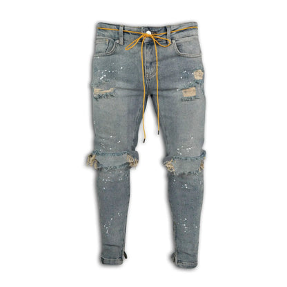 Men Long Jeans Pants Denim Simple Slim Fit Zipper Lace Up Tight Waist