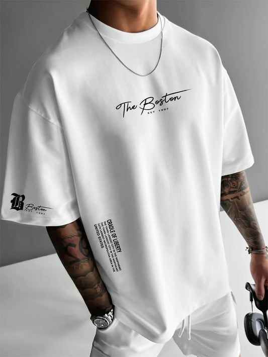 Men's cotton fashionable casual loose printed round neck short sleeved T-shirt top