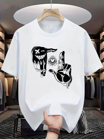 r men's 100% pure cotton casual loose plus size gesture eye personalized pattern printed round neck short sleeved T-shirt