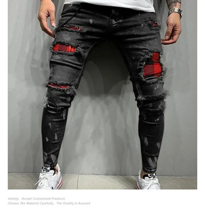 Jeans Pencil Pants Holes Distressed Men Streetwear Denims Mid Waist Slim Fit Washed Denim Ankle Length