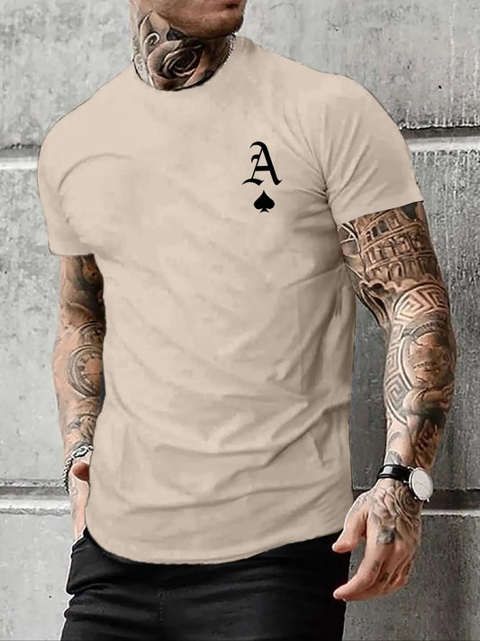 men's 100% cotton casual fit large A letter print round neck short sleeved T-shirt top