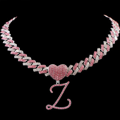 Hip Hop Bling Pink Crystal Cursive Initial Letter Cuban Necklace for Women Iced Out Paved Cuban Chain Necklace Choker Jewelry