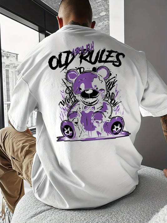 Men's Cotton Fashionable Casual Loose Large Cartoon Bear Pattern Printed Round Neck Short Sleeve T-shirt Top