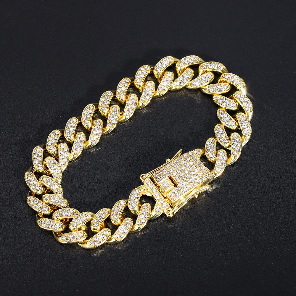 Shiny Cuban Link Chain Bracelet Women Men Gold Color Rhinestone Iced Out Chain Bracelets Jewelry